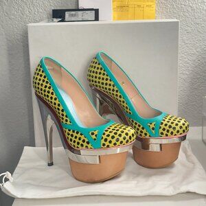 Versace 2010 Pois Print Pump - Yellow Teal Platform Metal Heels 39 - RARE